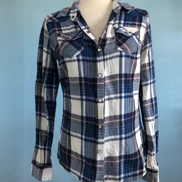 Plaid Flannel Button Down Shirt - Pearl Snaps - Size Small Petite - Mossimo - Picture 1 of 3
